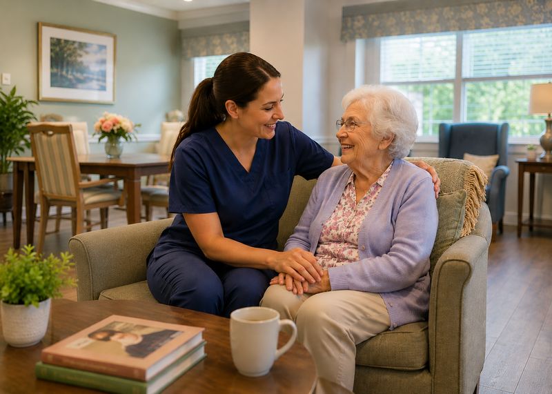 Caring staff with resident at The Waters of Middletown